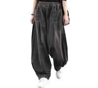 ebossy Women's Denim Harem Pants Elastic Waist Pleated Wide Leg Baggy Jeans, Black, Large