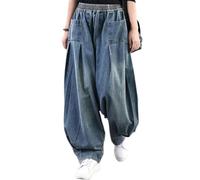 ebossy Women's Denim Harem Pants Elastic Waist Pleated Wide Leg Baggy Jeans, Blue, XL