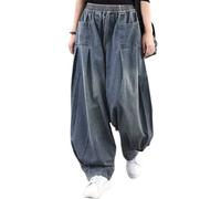 ebossy Women's Denim Harem Pants Elastic Waist Pleated Wide Leg Baggy Jeans, Blue, XXL