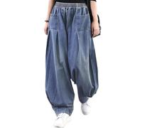 ebossy Women's Denim Harem Pants Elastic Waist Pleated Wide Leg Baggy Jeans, Light Blue, XS