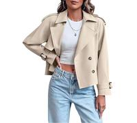 ebossy Women's Double Breasted Short Duster Trench Coat Lapel Loose Windproof Cropped Jacket Coat with Pockets, Beige, L