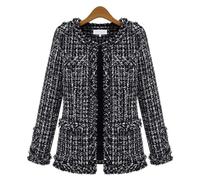 ebossy Women's Elegant Open Front Round Neck Fringed Plaid Tweed Jacket, Black, S
