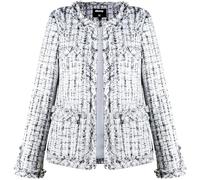 ebossy Women's Elegant Open Front Round Neck Fringed Plaid Tweed Jacket, White, M