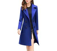 ebossy Women's Elegant Wool Blend Pea Coat Notched Lapel Double Breasted Winter Warm Mid Long Overcoat, Royal Blue, Small