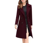 ebossy Women's Elegant Wool Blend Pea Coat Notched Lapel Double Breasted Winter Warm Mid Long Overcoat, Wine Red, Large