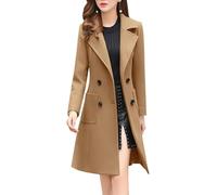 ebossy Women's Elegant Wool Blend Pea Coat Notched Lapel Double Breasted Winter Warm Mid Long Overcoat, Camel, Small