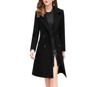 ebossy Women's Elegant Wool Blend Pea Coat Notched Lapel Double Breasted Winter Warm Mid Long Overcoat, Black, Large