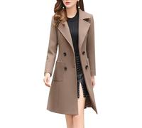 ebossy Women's Elegant Wool Blend Pea Coat Notched Lapel Double Breasted Winter Warm Mid Long Overcoat, Khaki, X-Small