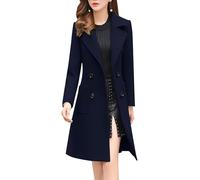 ebossy Women's Elegant Wool Blend Pea Coat Notched Lapel Double Breasted Winter Warm Mid Long Overcoat, Navy Blue, XX-Large
