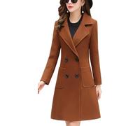 ebossy Women's Elegant Wool Blend Pea Coat Notched Lapel Double Breasted Winter Warm Mid Long Overcoat, Brown, Medium