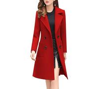 ebossy Women's Elegant Wool Blend Pea Coat Notched Lapel Double Breasted Winter Warm Mid Long Overcoat, Red, Large