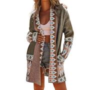 ebossy Women's Fashion Aztec Print Jacquard Knit Open Front Cardigan Lapel Long Sleeve Boho Graphic Long Sweater Coat, Brown, XXL