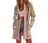 ebossy Women's Fashion Aztec Print Jacquard Knit Open Front Cardigan Lapel Long Sleeve Boho Graphic Long Sweater Coat, Khaki, L