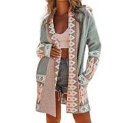 ebossy Women's Fashion Aztec Print Jacquard Knit Open Front Cardigan Lapel Long Sleeve Boho Graphic Long Sweater Coat, Green, XXL