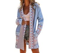 ebossy Women's Fashion Aztec Print Jacquard Knit Open Front Cardigan Lapel Long Sleeve Boho Graphic Long Sweater Coat, Blue, L