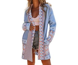 ebossy Women's Fashion Aztec Print Jacquard Knit Open Front Cardigan Lapel Long Sleeve Boho Graphic Long Sweater Coat, Blue, L