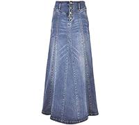 ebossy Women's High Rise Distressed Wash Denim Skirt A Line Swing Maxi Long Jean Skirts, Light Blue, M