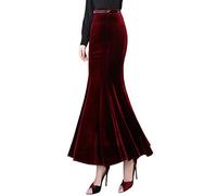 ebossy Women's High Waist Bodycon Velvet Fishtail Mermaid Maxi Skirt Evening Party - Red - X-Large