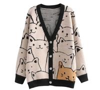 ebossy Women's Kawaii Cartoon Cat Cardigan Japanese Aesthetic Button Down Jacquard Knit Sweater Coat, Beige, Small