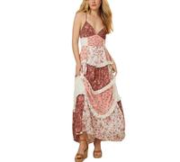 ebossy Womens Lace Patchwork Floral Maxi Dress Spaghetti Strap Sexy Backless Ruffle Tiered Boho Beach Sundresses, Rose, XS
