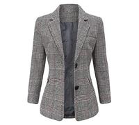 ebossy Women's Notch Lapel 2 Button Boyfriend Blazer Suit Houndstooth Plaid Jacket Coat, Grey, L