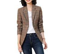 ebossy Women's Notch Lapel 2 Button Boyfriend Blazer Suit Houndstooth Plaid Jacket Coat, X-brown, L