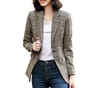 ebossy Women's Notch Lapel 2 Button Boyfriend Blazer Suit Houndstooth Plaid Jacket Coat, X-Light Grey, XS