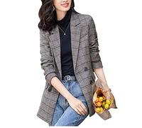 ebossy Women's Notch Lapel 2 Button Boyfriend Blazer Suit Houndstooth Plaid Jacket Coat, Y-coffee, XL