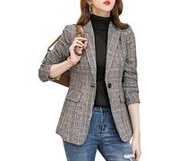 ebossy Women's Notch Lapel 2 Button Boyfriend Blazer Suit Houndstooth Plaid Jacket Coat, Z-Grey, XS