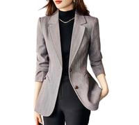 ebossy Women's Notched Lapel Plaid Herringbone Blazer Jacket Classic Single Breasted Slim Wool Blend Coat, Grey, S