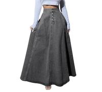 ebossy Women's Retro High Waisted Button Fly Flared Long Jean Skirts Pleated Flowy Swing A-line Denim Maxi Skirts, Dark Grey, XL