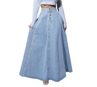 ebossy Women's Retro High Waisted Button Fly Flared Long Jean Skirts Pleated Flowy Swing A-line Denim Maxi Skirts, Light Blue, S
