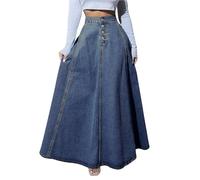 ebossy Women's Retro High Waisted Button Fly Flared Long Jean Skirts Pleated Flowy Swing A-line Denim Maxi Skirts, Dark Blue, L