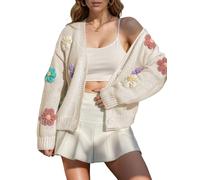 ebossy Women's Ribbed Knit Cardigans Embroidery Aesthetic Pretty Flowers Applique Button Up Sweater Coat, Apricot, M