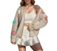 ebossy Women's Ribbed Knit Cardigans Embroidery Aesthetic Pretty Flowers Applique Button Up Sweater Coat, Khaki, L