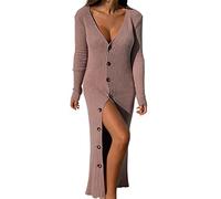 ebossy Women's Ribbed Slim Long Knit Cardigan Sweater Sexy V Neck Button Down Crochet Maxi Dress Trench Coat, Pink, XXS