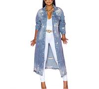 ebossy Women's Ripped Out Distressed Washed Long Blue Denim Jacket Trench Coat, Light Blue, XL