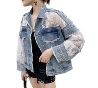 ebossy Women's See Through Floral Embroidery Lace Crop Denim Jacket Ripped Distressed Jean Jacket - Blue - Medium