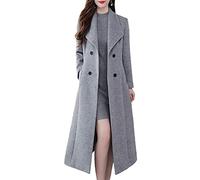 ebossy Women's Shawl Collar Double Breasted Below Knee Slim Wool Trench Long Coat, Grey, XS