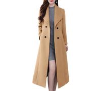 ebossy Women's Shawl Collar Double Breasted Below Knee Slim Wool Trench Long Coat, Light Tan, Medium