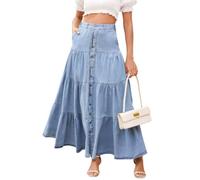 ebossy Women's Tiered Button Down Denim Maxi Skirts High Elastic Waist Pleated Swing A-Line Jean Skirts with Pockets, Light Blue, XL