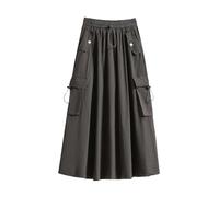 ebossy Women's Vintage Cotton Drawstring Elastic Waist Multi-Pockets Utility Pencil Long Cargo Skirts, Grey, One Size