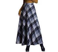 ebossy Women's Vintage High Waist Wool Blend Plaid A-Line Long Maxi Skirt with Pocket - Grey - Medium