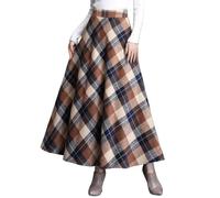 ebossy Women's Vintage High Waist Wool Blend Plaid A-Line Long Maxi Skirt with Pocket, Khaki, XL