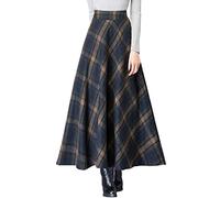 ebossy Women's Vintage High Waist Wool Blend Plaid A-Line Long Maxi Skirt with Pocket, Plaid Blue, X-Small