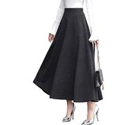 ebossy Women's Vintage High Waist Wool Blend Plaid A-Line Long Maxi Skirt with Pocket, Pure Grey, XS