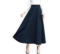 ebossy Women's Vintage High Waist Wool Blend Plaid A-Line Long Maxi Skirt with Pocket, Pure Navy-blue, XL