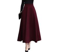 ebossy Women's Vintage High Waist Wool Blend Plaid A-Line Long Maxi Skirt with Pocket, Pure Wine-red, XS