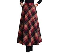 ebossy Women's Vintage High Waist Wool Blend Plaid A-Line Long Maxi Skirt with Pocket, Red, M