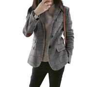 ebossy Womens Vintage Nothced Lapel Single Breasted Boyfriend Blazer Suits Houndstooth Plaid Jacket Coat with Patched Elbow, Grey, XL